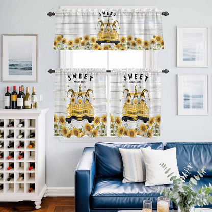 Gnomes Sunflowers Kitchen Curtains Set, Tier Curtain 36 Inches Length, Country Yellow Floral Bees Farmhouse Wooden Window Treatment Valance and Tiers Set Decor for Living Room/Bedroom