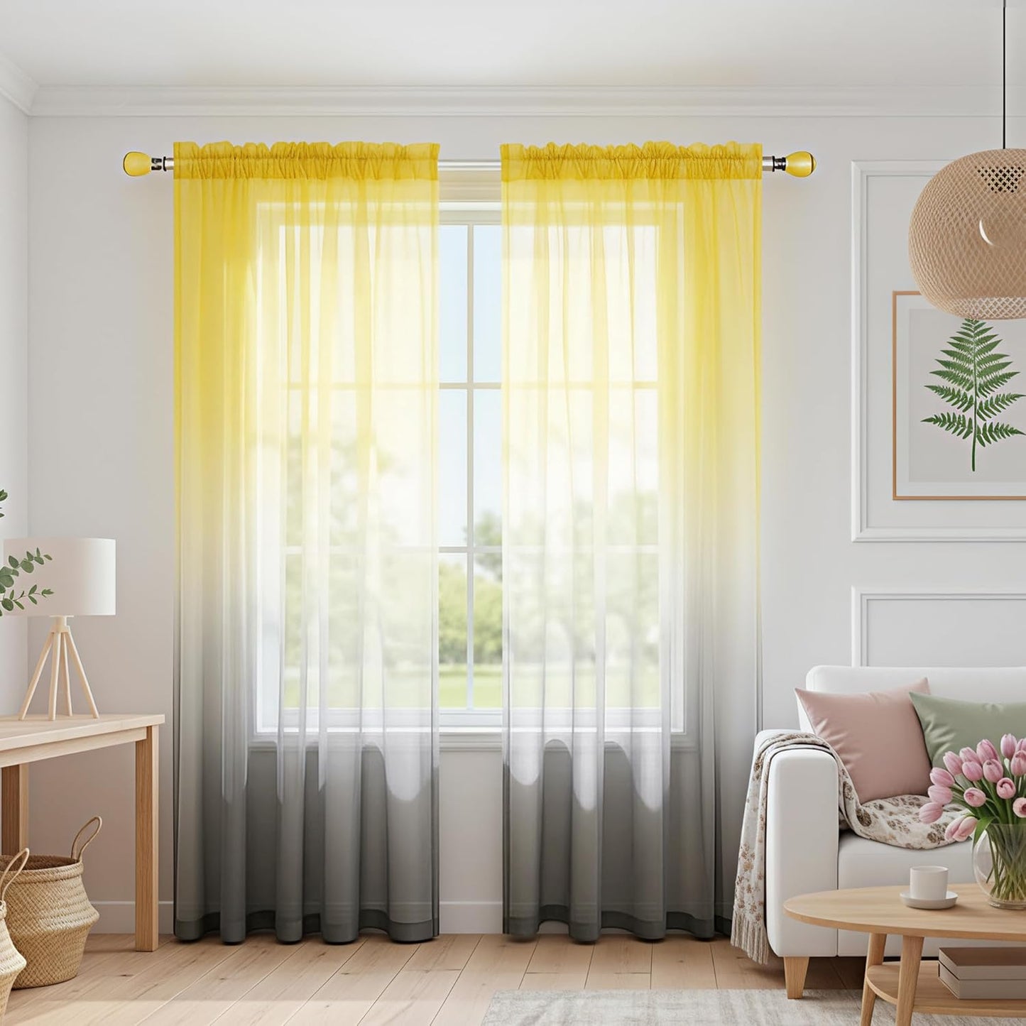 Mrs.Naturall Yellow Sheer Curtains 84 Inches Long for Living Room, Summer Ombre Patterned Voile Curtains for Bedroom Dining Room, Bright Yellow and Grey Gray