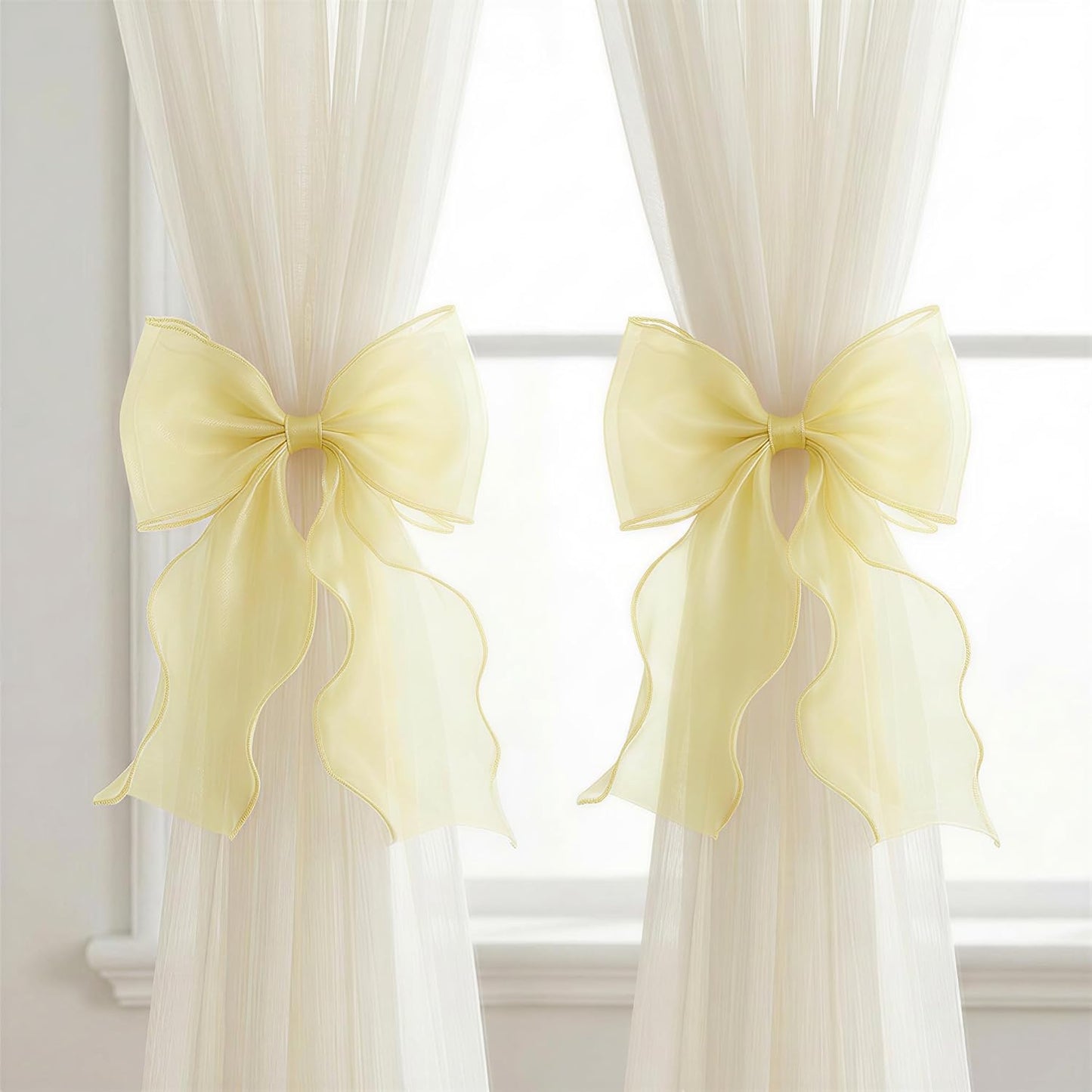 French Lace Bow Curtain Tiebacks, Silky Ribbon Bowknot Curtain Holdbacks for Sheer Curtains, Decorative Curtain Accessories for Bedroom Living Room Wedding Decor (2 Pack) (Light Yellow)