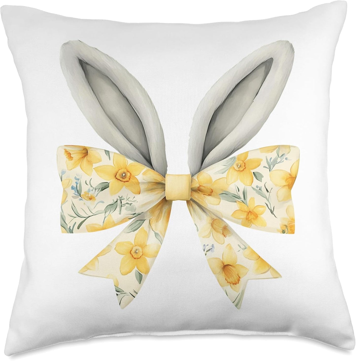 Easter Bunny Coquette Bow Yellow Daffodil Spring Rabbit Ears Throw Pillow