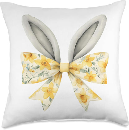 Easter Bunny Coquette Bow Yellow Daffodil Spring Rabbit Ears Throw Pillow