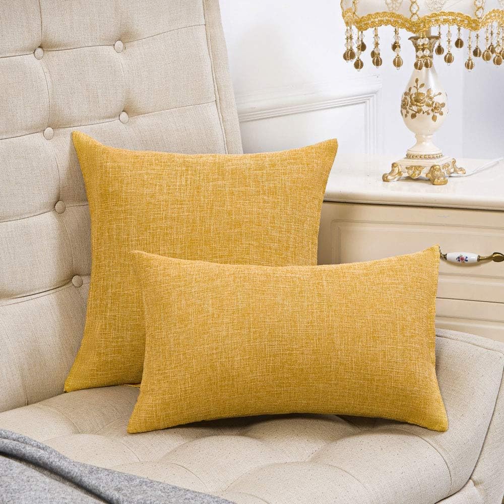 Anickal Set of 2 Mustard Yellow Pillow Covers 18x18 Inch Rustic Linen Decorative Square Throw Pillow Covers for Sofa Couch Decoration