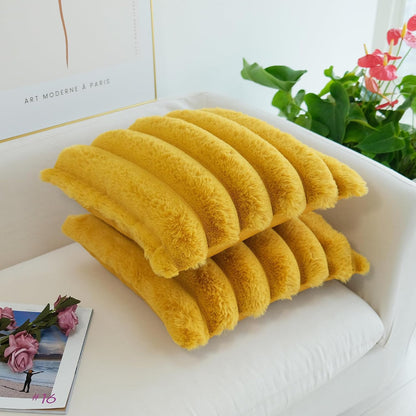 JOJUSIS Pack of 2 Faux Fur Plush Decorative Throw Pillow Covers Couch Cushion Case Soft Fluffy Pillowcases Wide Stripe (Yellow, 16 x 16 Inch)