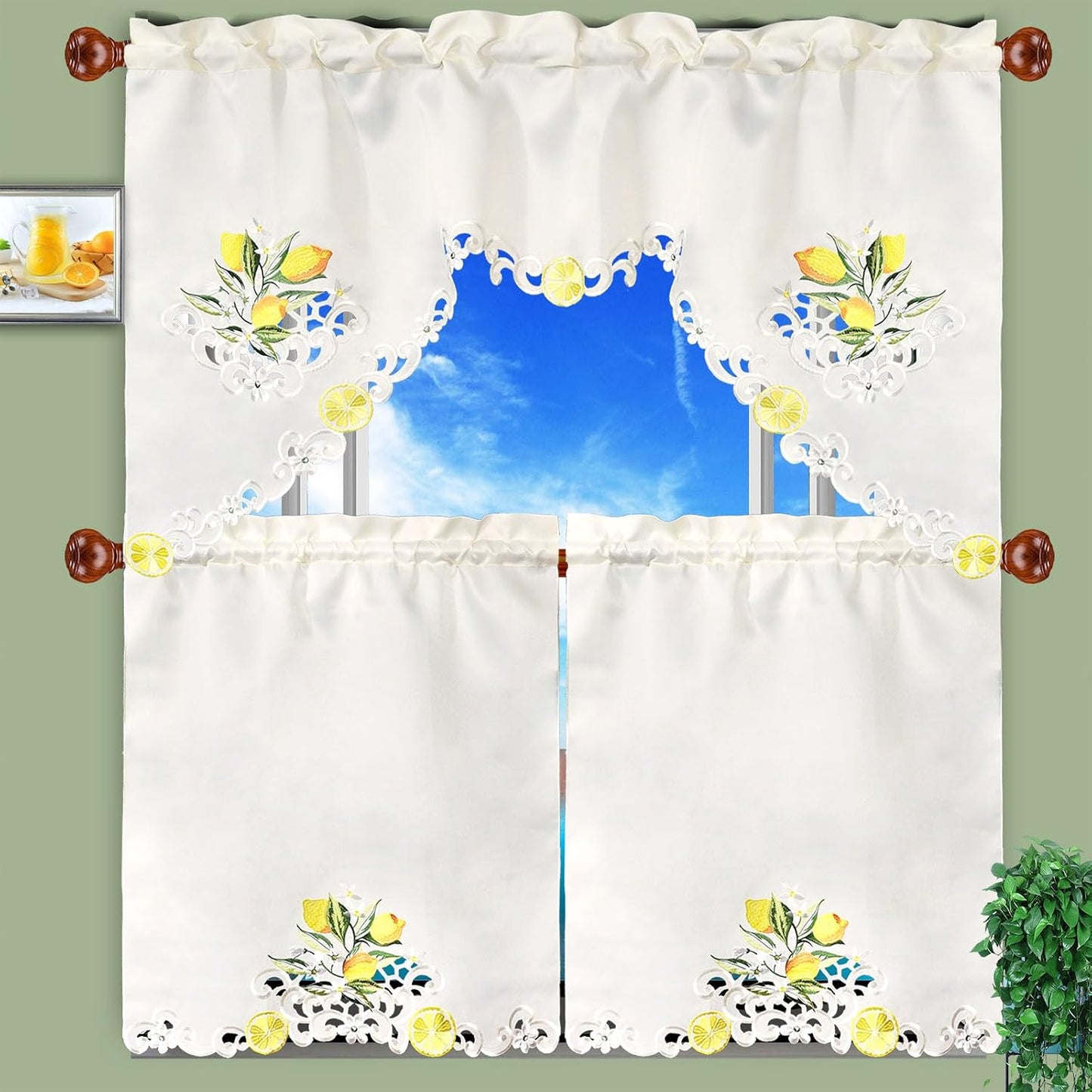 Embroidered Lemon Kitchen Window Curtain Swag and Tiers Set for Spring and Summer (Lemon)