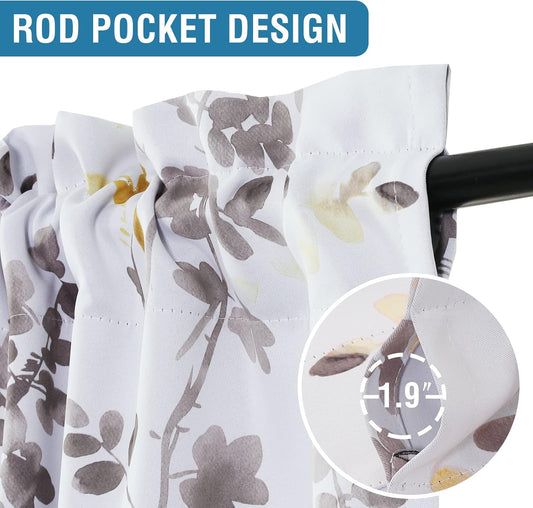 H.VERSAILTEX Valance for Kitchen Windows/Bathroom/Living Room/Bedroom Blackout Window Valance Thermal Insulated Rod Pocket Valance Curtains, 52" W x 18" L, 1 Panel, Floral Pattern in Grey and Yellow
