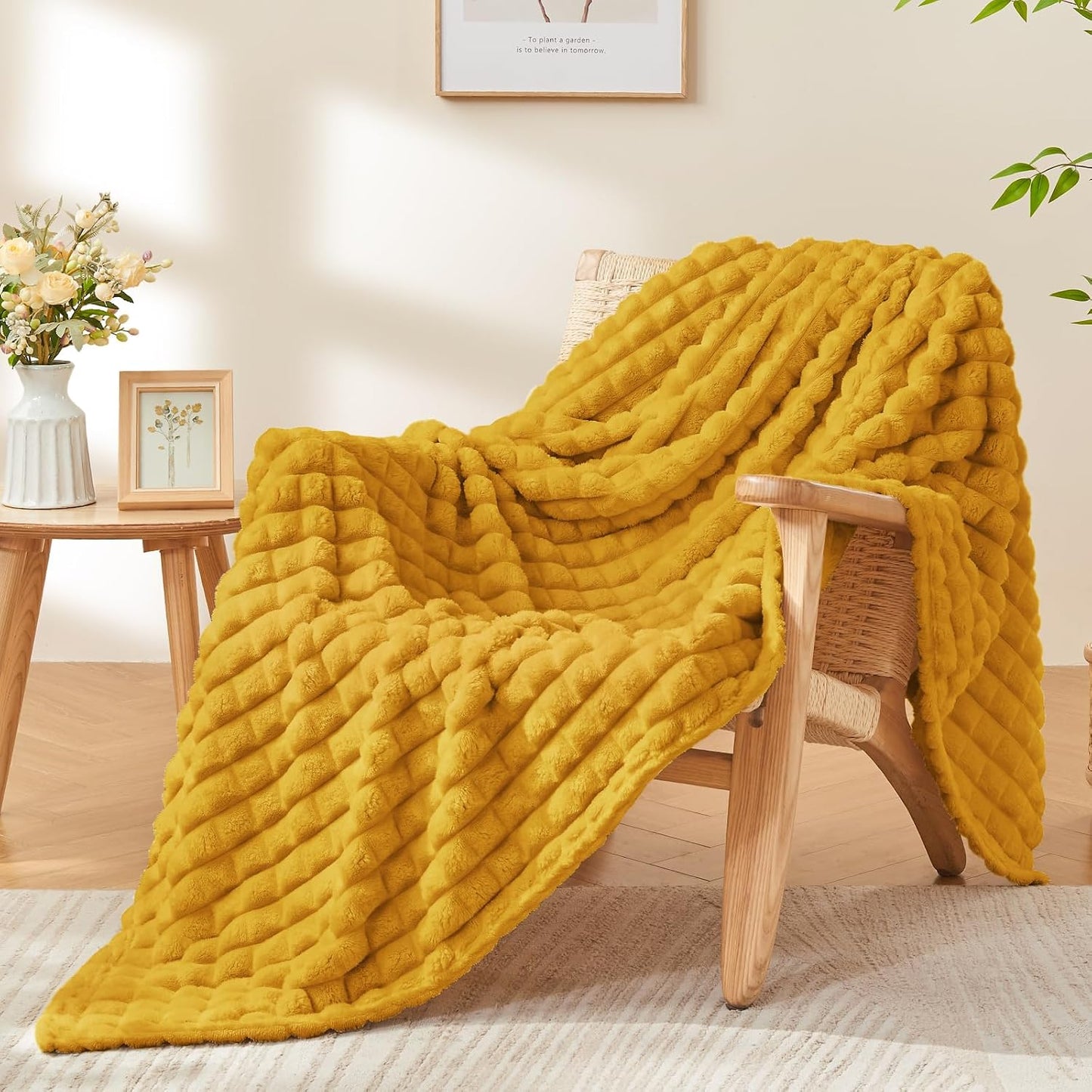 BEDELITE Mustard Yellow Throw Blanket for Couch - Soft Lightweight 3D Checkered Fluffy Fuzzy Fleece Blanket, Luxurious Plush Cozy Summer Blanket for Home Room Decor, Gift for Women, 50"x60"