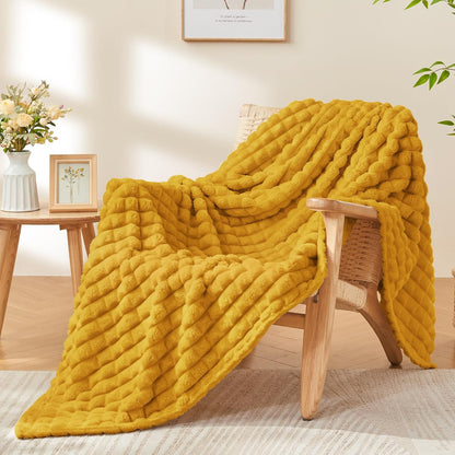 BEDELITE Mustard Yellow Throw Blanket for Couch - Soft Lightweight 3D Checkered Fluffy Fuzzy Fleece Blanket, Luxurious Plush Cozy Summer Blanket for Home Room Decor, Gift for Women, 50"x60"