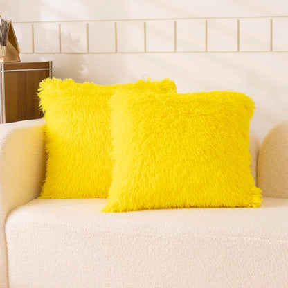 Faux Fur Yellow Throw Pillow Covers, Fluffy Soft Fuzzy Decorative Pillow Cases Cute Pillowcases for Home Bedroom Living Room, Zipper Closure, Set of 2 (Yellow, 18"x 18")