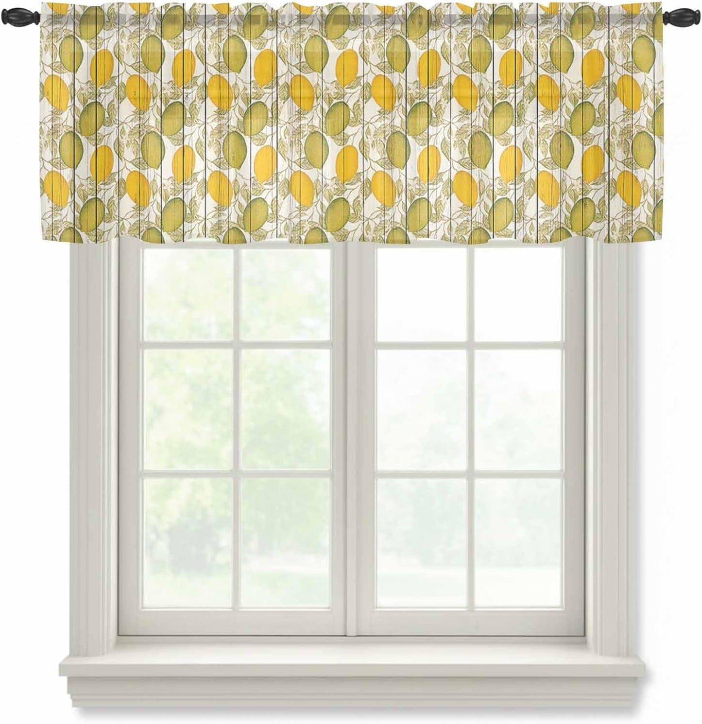 Sheer Window Valance Lemon Leaves Semi Voile Short Curtain Rod Pocket Flower Floral Bouquet Wood Grain Valances Window Treatment for Bedroom Living Room Kitchen 54x18in