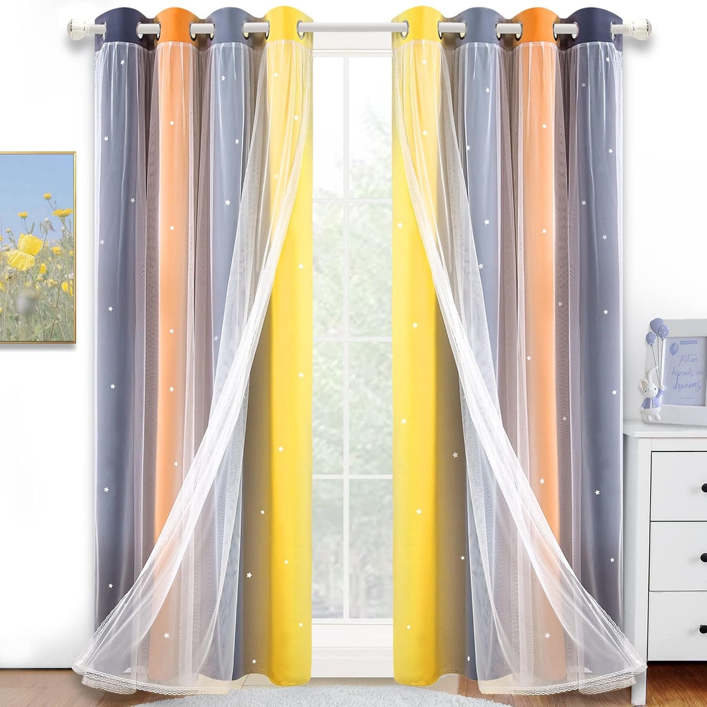 Nursery/Kids/Girls Room Star Cut Out Blackout Rainbow Curtain with Sheer Overlay 2 Panels, Each 52 inch Wide,108 inch Length with White Gauze,Ombre Stripe Rainbow Curtains (2 Pcs,52x108 Inch)