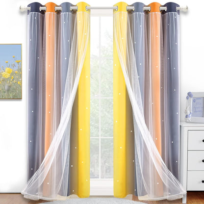 Nursery/Kids/Girls Room Star Cut Out Blackout Rainbow Curtain with Sheer Overlay 2 Panels, Each 52 inch Wide,108 inch Length with White Gauze,Ombre Stripe Rainbow Curtains (2 Pcs,52x108 Inch)