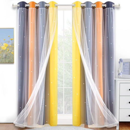 Nursery/Kids/Girls Room Star Cut Out Blackout Rainbow Curtain with Sheer Overlay 2 Panels, Each 52 inch Wide,108 inch Length with White Gauze,Ombre Stripe Rainbow Curtains (2 Pcs,52x108 Inch)