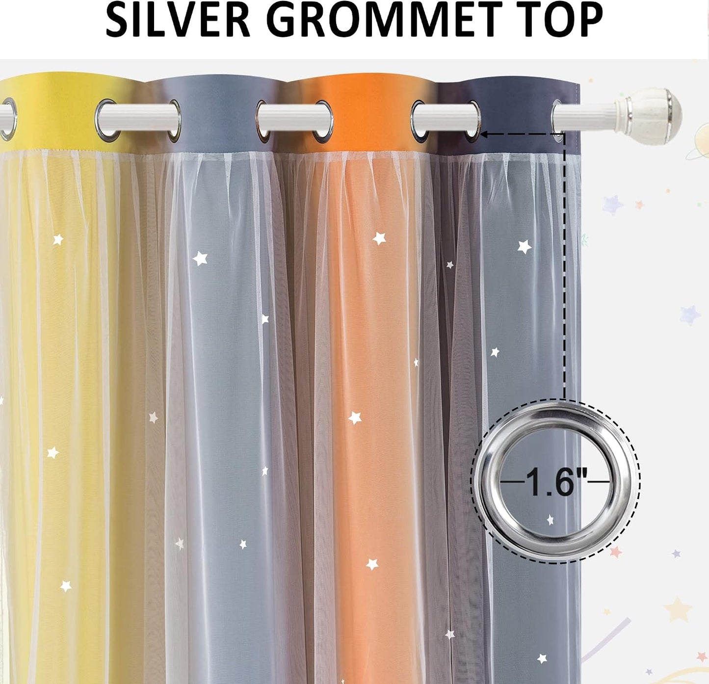 Nursery/Kids/Girls Room Star Cut Out Blackout Rainbow Curtain with Sheer Overlay 2 Panels, Each 52 inch Wide,108 inch Length with White Gauze,Ombre Stripe Rainbow Curtains (2 Pcs,52x108 Inch)