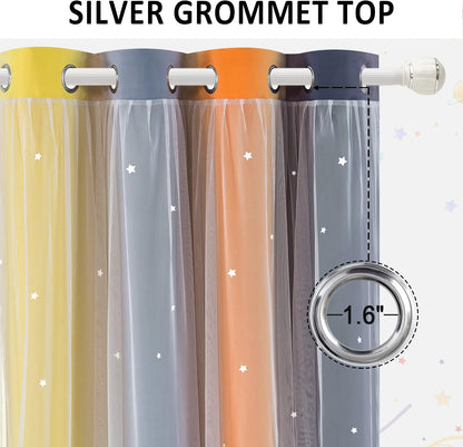 Nursery/Kids/Girls Room Star Cut Out Blackout Rainbow Curtain with Sheer Overlay 2 Panels, Each 52 inch Wide,108 inch Length with White Gauze,Ombre Stripe Rainbow Curtains (2 Pcs,52x108 Inch)