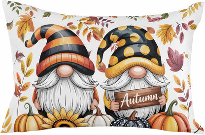 Yellow Orange Gnomes Fall Throw Pillow Cover 12x20,Pumpkins Thanksgiving Leaves Floral Decorative Reversible Pillowcase with Zipper for Sofa Couch Bed,Lightweight Pillow Sham Cushion Case Protectors