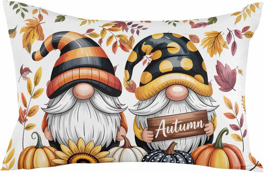 Yellow Orange Gnomes Fall Throw Pillow Cover 12x20,Pumpkins Thanksgiving Leaves Floral Decorative Reversible Pillowcase with Zipper for Sofa Couch Bed,Lightweight Pillow Sham Cushion Case Protectors