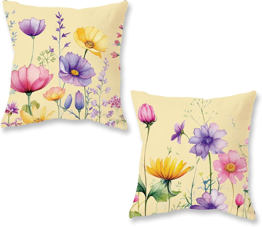 ONWAY Spring Pillow Covers 18x18 Inch Set of 2 Floral Colorful Flowers Decorations Farmhouse Living Room Outdoor Cushion Case for Sofa Couch Home Bed Yellow