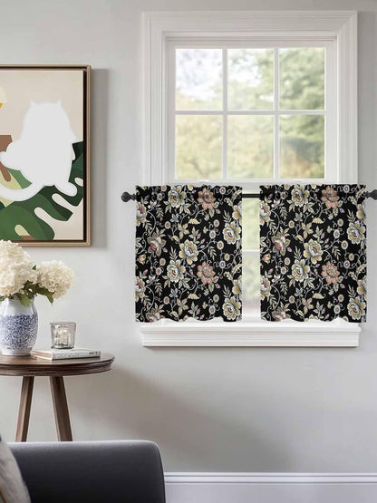 Damask Florals Sheer Curtains for Bedroom Living Room Window Tier Curtains 24 Inch Length,Garden Yellow Flowers Daisy Leaf Rustic Black Kitchen Curtains Small Half Window Drapes 27.5"x24" 2 Panels