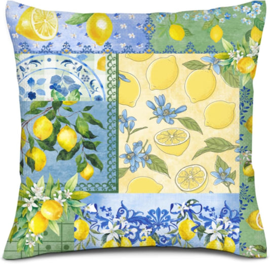 Lemon Throw Pillow Covers,Retro Patchwork Style Rustic Yellow Fruit Summer Plant Pattern Blue White Ceramic Tile Printed Pillow Cases Outdoor Sofa Cushion Cover for Living Room,16 "x16