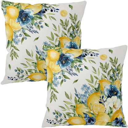 Summer Lemon Floral Pillow Covers 18x18 Set of 2 Yellow and Blue Lemons Fruit Flower Decorative Pillow Cases Spring Farmhouse Cushion Cover for Outdoor Sofa Couch Home Decor