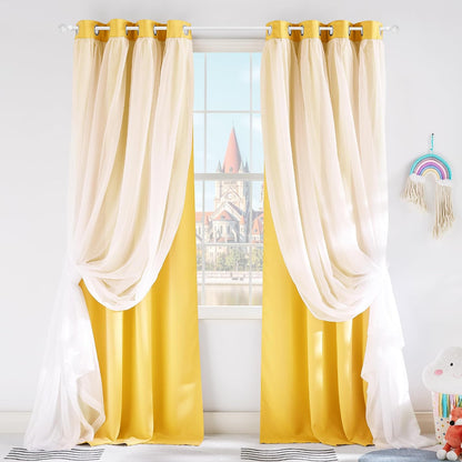 PONY DANCE Blackout Curtains - Curtains 84 inches Long with Sheer Overlay Nursery Panels for Bedroom/Living/Dining Room, 52 W by 84 L, Lemon Yellow, 2 Pieces