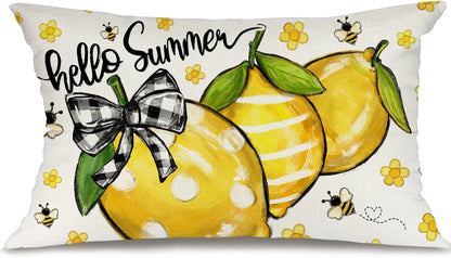 GEEORY Summer Lemon Pillow Cover 12x20 Inch - Hello Sunshine Bee Farmhouse Decor, Spring Summer Citrus Throw Pillow Case for Sofa, Couch, Living Room