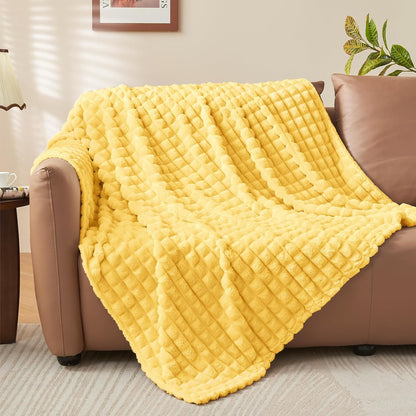 BEDELITE Light Yellow Throw Blanket for Couch - Super Soft Lightweight 3D Checkered Fluffy Fuzzy Fleece Blanket, Luxurious Plush Cozy Blanket for Room Home Decor, Gift for Women, 50x60 inches
