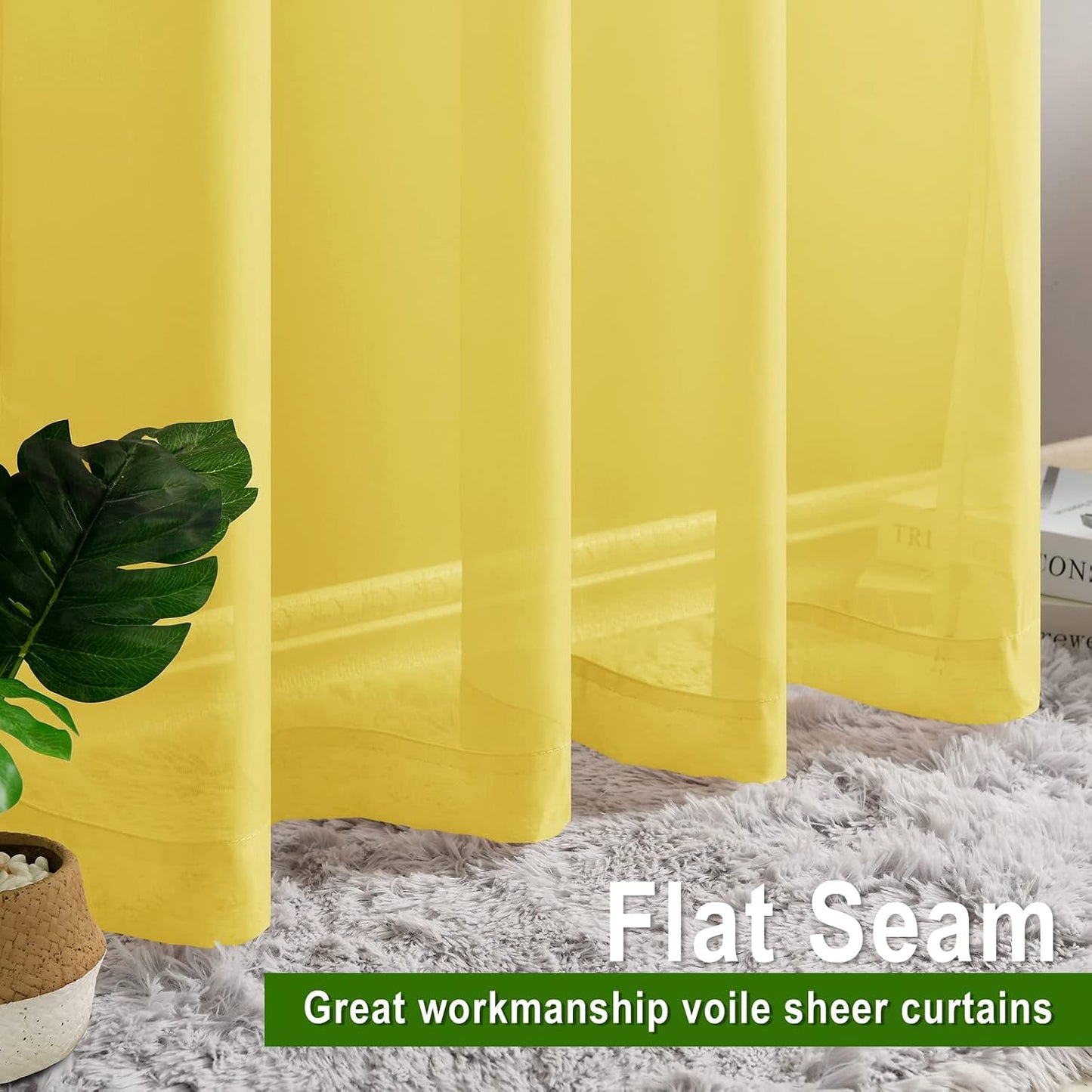 Hiasan Sheer Curtains for Bedroom with Tiebacks, Rod Pocket Light Filtering Lightweight Voile Window Curtains for Living Room, Kids' Room and Kitchen, Yellow, W52 x L45, Set of 2 Soft Drape Panels