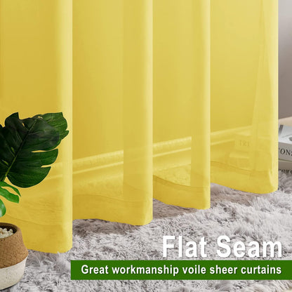 Hiasan Sheer Curtains for Bedroom with Tiebacks, Rod Pocket Light Filtering Lightweight Voile Window Curtains for Living Room, Kids' Room and Kitchen, Yellow, W52 x L45, Set of 2 Soft Drape Panels