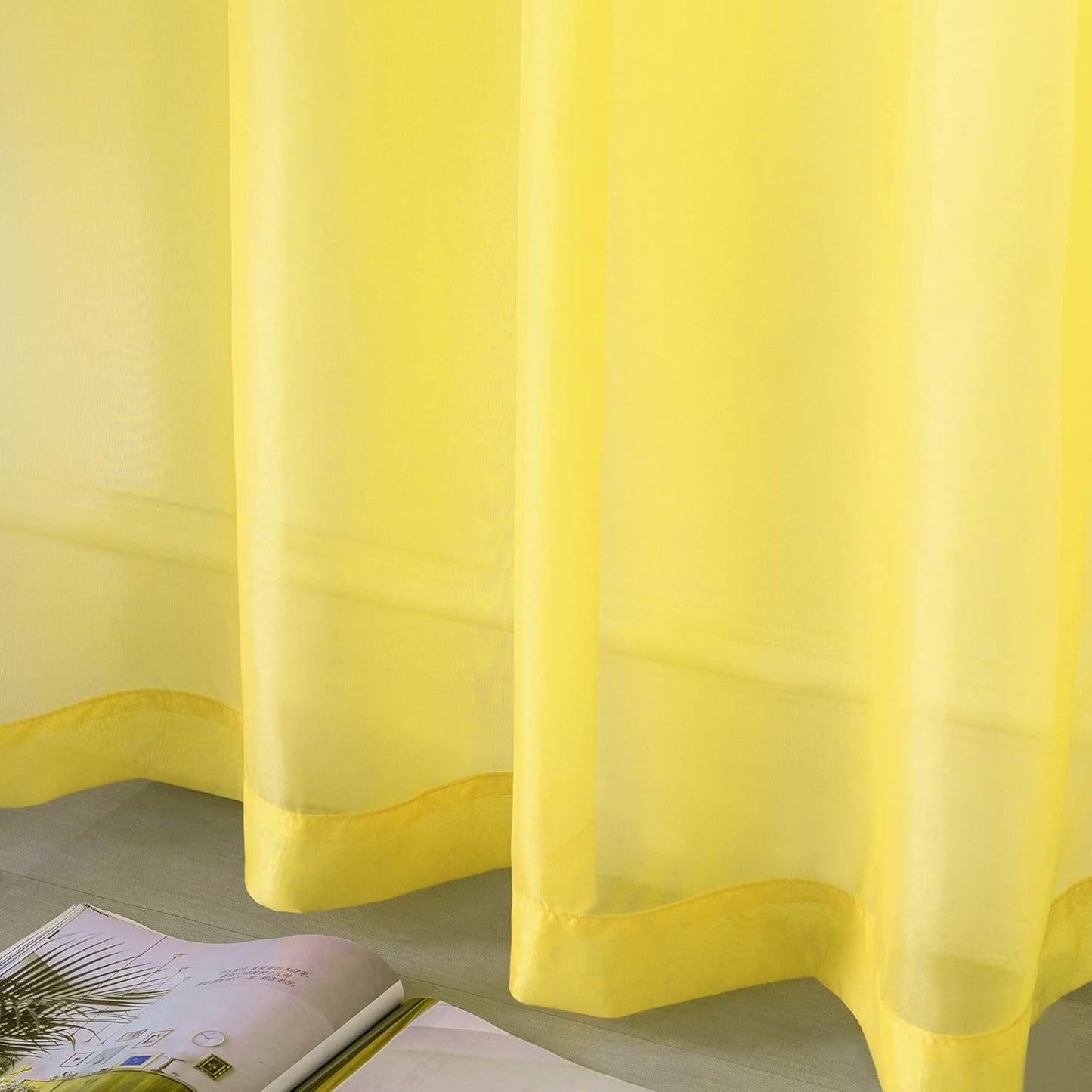DUALIFE Bright Yellow Sheer Curtains 45 Inch Length for Kitchen 2 Panels Grommet Semi Sheer Short Curtains for Bathroom Small Windows Basement Vibrant Lemon Yellow Wide 52 by L45 Inches Long
