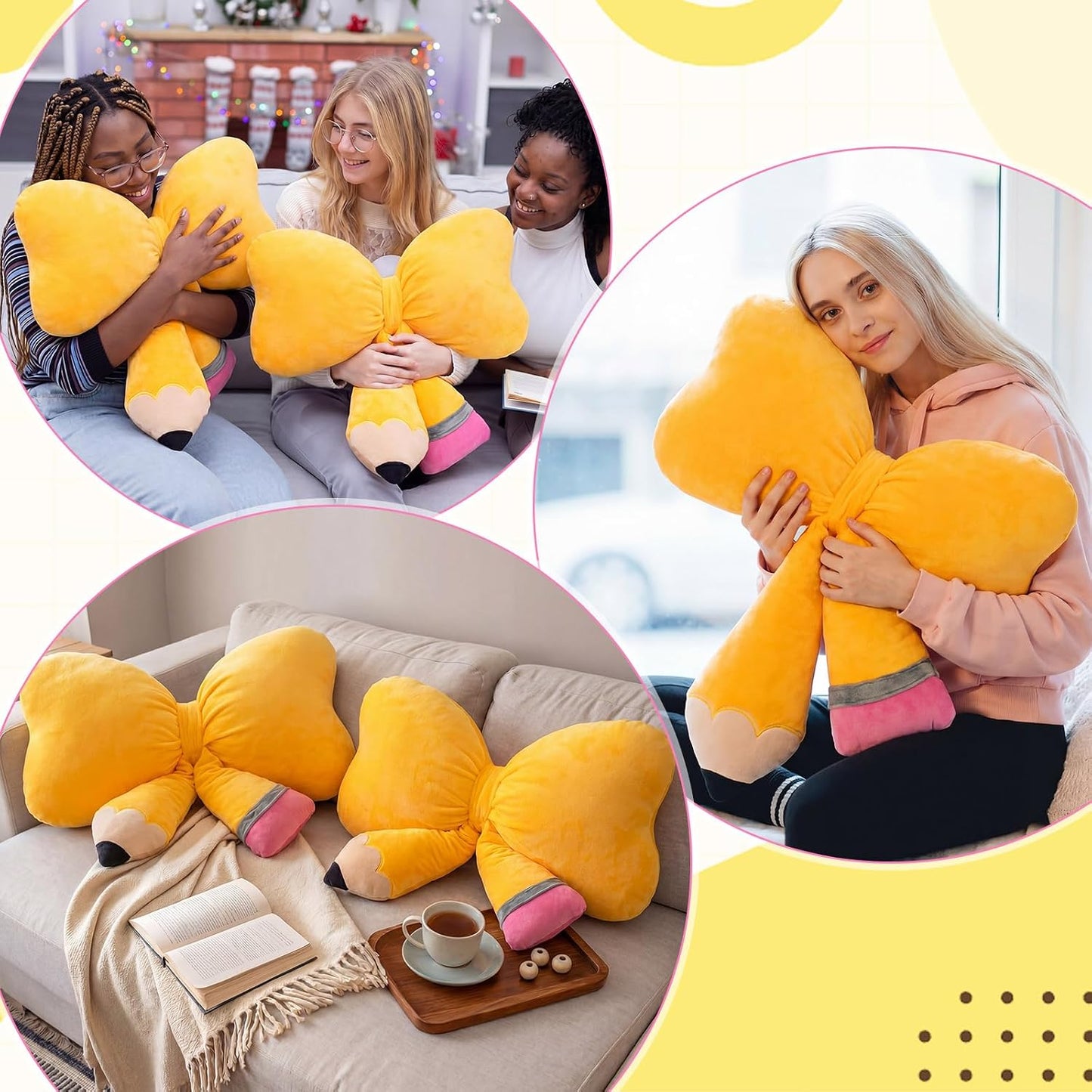 Qunclay Bow Pencil Pillow Back to School Throw Pillow 20''x16'' Soft Yellow Pencil Cushion for Classroom Cute Funny Pillowcase with Cotton Insert for Teacher Classroom Library Living Room Sofa Couch