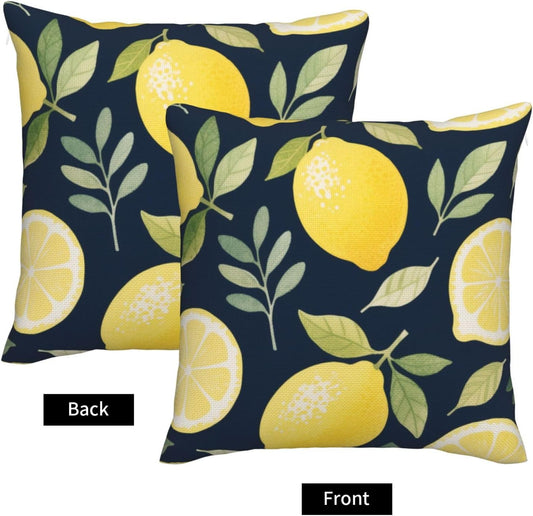 Yellow Lemon Throw Pillow Covers 18x18 Set of 2 Watercolor Fruit Leaves Decorative Pillows Cases Spring Summer Farmhouse Square Cushion Covers Navy Pillowcase for Couch Bed Sofa Living Room