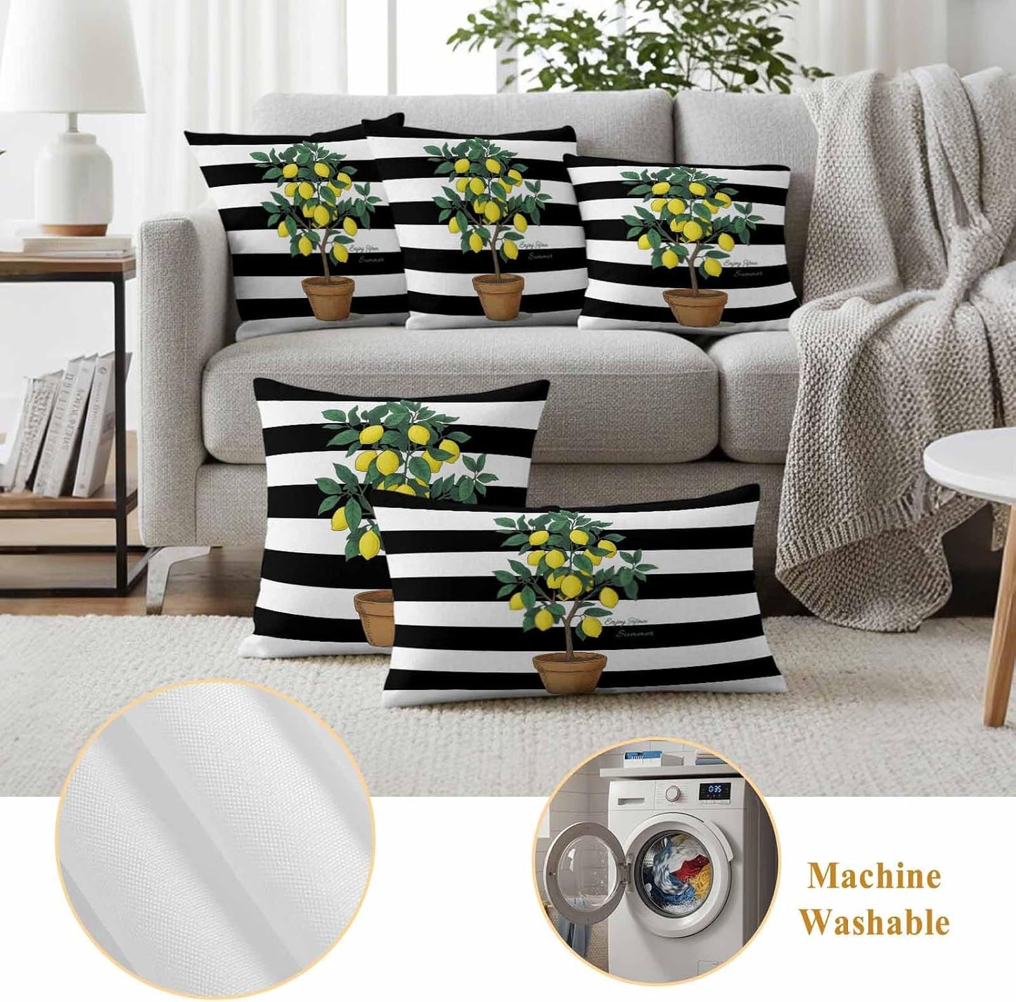 Summer Lemons Outdoor Waterproof Pillow Covers Set of 2, Yellow Fruit Leaf Black White Striped Abstract Pillowcase Decorative Throw Cushion Cases for Patio Garden Couch 18 x 18 Inches