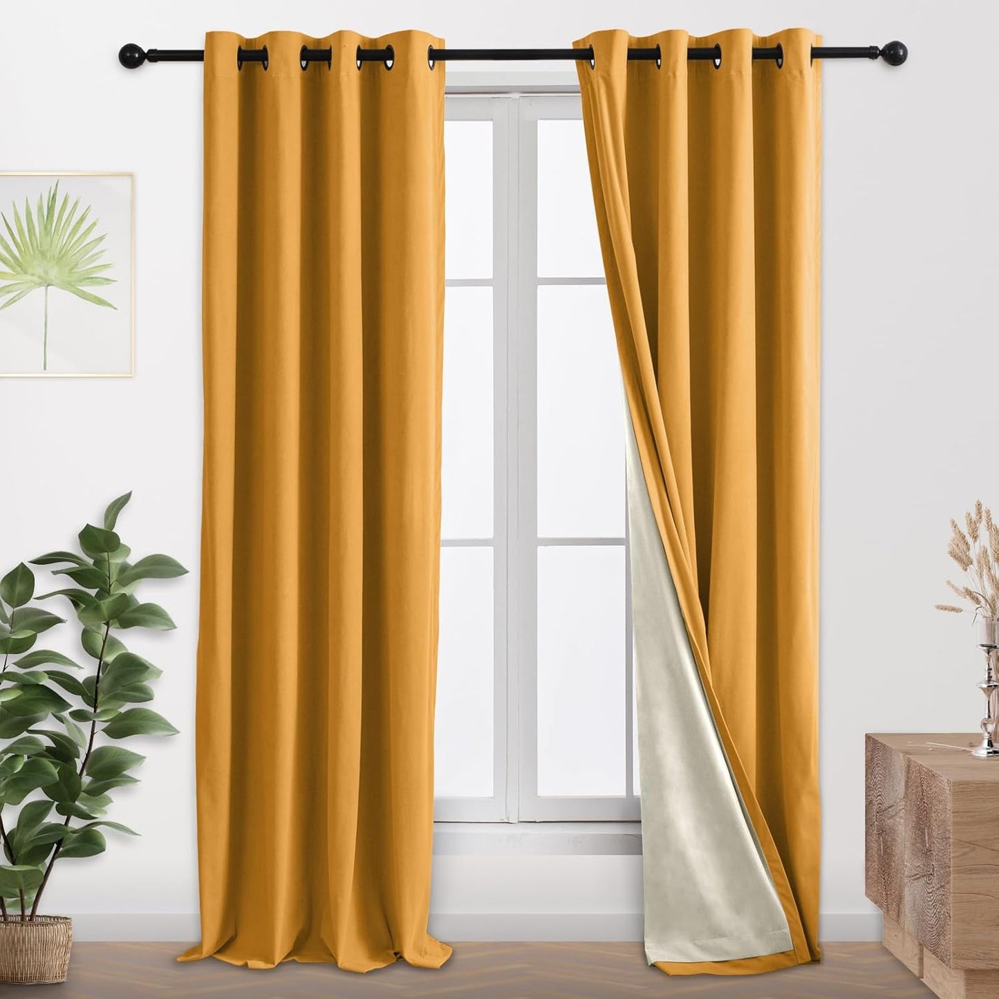 100% Full Blackout Velvet Curtains with Liner 96 inch Long 2 Panels for Living Room, Thermal Insulated Energy Saving Room Darkening Grommet Window Drapes for Bedroom, 52x96 Golden Yellow