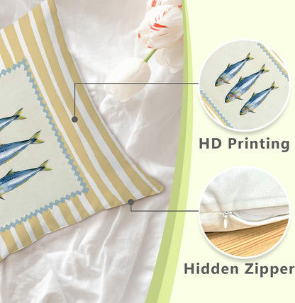 Coastal Beach Sardine Fish 18x18 Pillow Cover, Trendy Yellow Striped Fish Fishing Summer Decorative Throw Pillow Cover for Home Bedroom Living Room