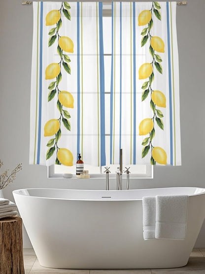 Lemon Striped Sheer Curtains 72 Inch Length 2 Panels, Yellow Fruit Blue White Geometric Light Filtering Voile Drapes for Living Room Bedroom Window Treatments, Rod Pocket Privacy Semi Sheer Curtains