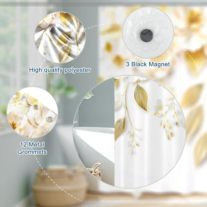 Chrainy 3 in 1 Golden Floral Double-Layer Shower Curtain Set, 72 * 72 in | Polyester Shower Curtain and PEVA Liner, 12 Stainless Steel Hooks, Waterproof Watercolor Bath Curtain for Bathroom Toilet