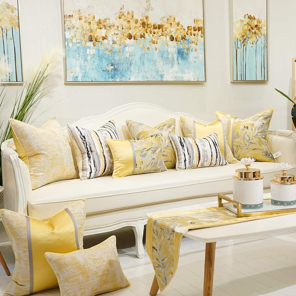 Avigers Square Cushion Covers High Precision Jacquard Modern Yellow White Black Gray Striped Patchwork Throw Pillow Case Shell for Couch Sofa Home Decoration 18 X 18 Inches