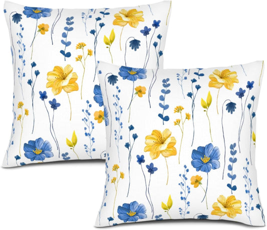 Navy Blue Yellow Flower Pillow Covers Set of 2 Watercolor Floral Decorative Throw Pillow Case for Couch Bed Sofa Living Room Spring Summer Seasonal Decor Cushion Covers 18x18 Inch