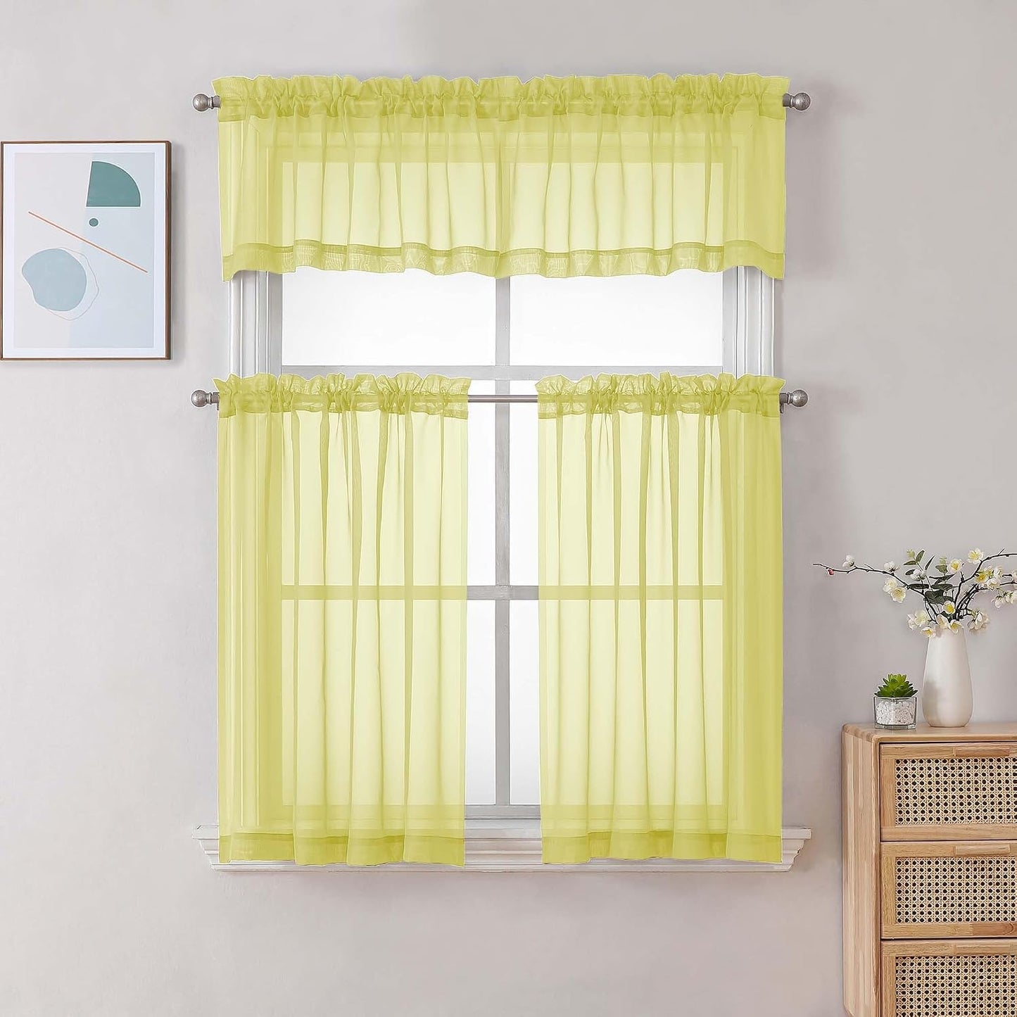 Chyhomenyc Sheer Lemon Tier Curtains 24 Inch Length Set, Small Window Kitchen Curtains for Bathroom Living Room Basement, Farmhouse Short Voile Curtain 42Wx24L, Rod Pocket, 2 PCS