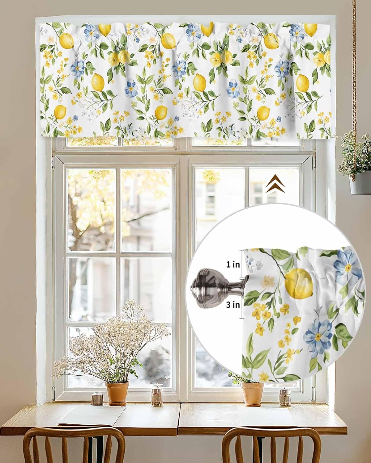 Lemon Valances for Windows/Bedroom/Living Room/Kitchen/Cafe, Blue Yellow Flower Lemon Summer Semi Sheer Small Curtain Valance Rod Pocket Light Filtering Window Treatment, 60" x 18"