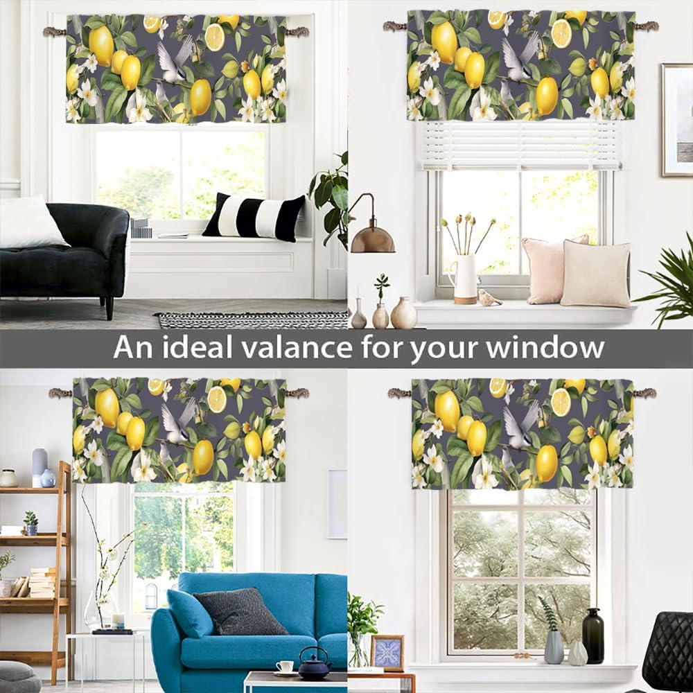 1 Panel Rustic Lemon Bird Window Valances, Yellow Fruit Food Window Treatment Decor Curtains Rod Pocket Valances for Kitchen/Living Room, 54" X 18"