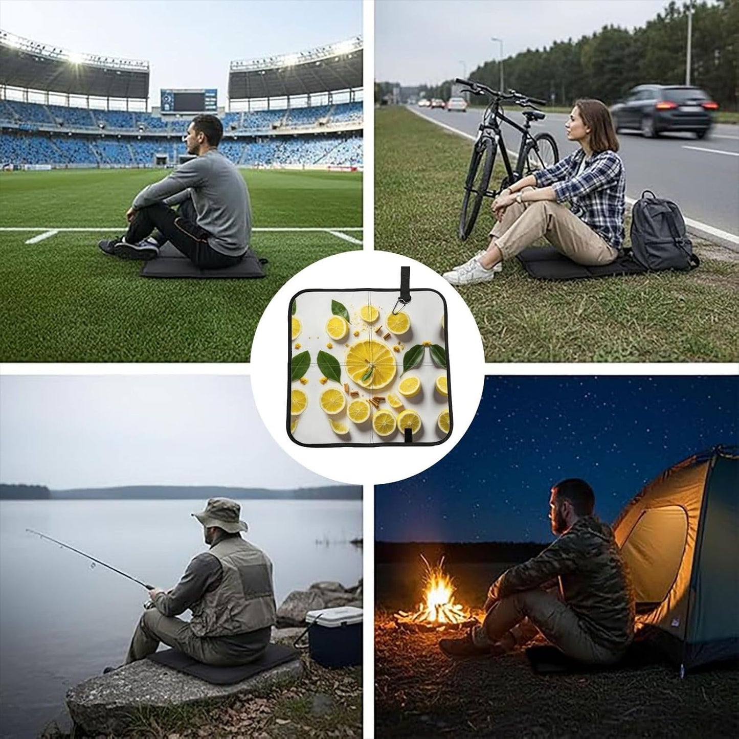 Yellow Lemon Print Compact Seat Cushion Travel Pad Folding Outdoor Sitting Mat Lightweight Waterproof