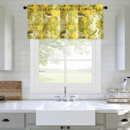 Leeva Farmhouse Style Yellow Floral Valance Curtains, 52x18 Rod Pocket Window Treatment for Kitchen Living Room Bedroom, Linen Textured Bird Print