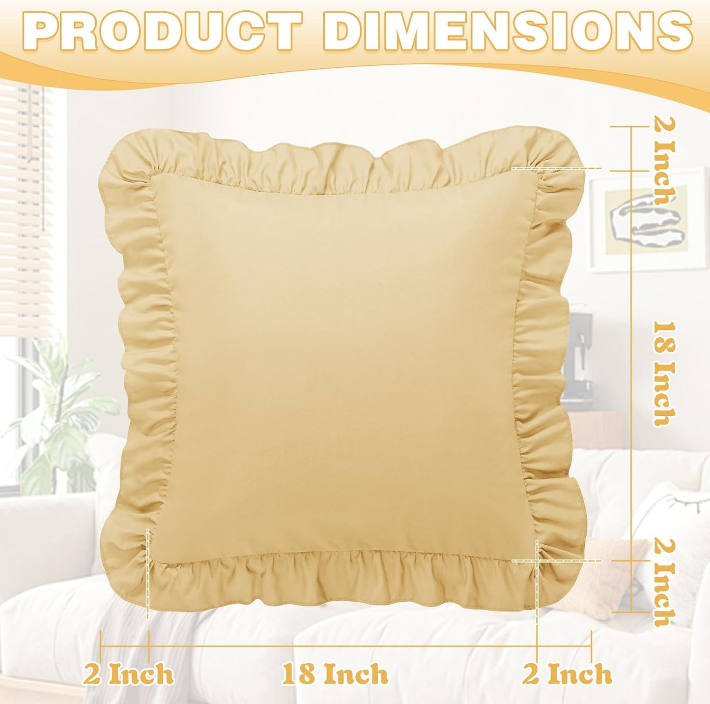 2 Pack Ruffle Throw Pillow Covers 18x18 Inches, Yellow Square Pillow Cases Microfiber Decorative Pillow Shams for Sofa Couch Bedroom Living Room