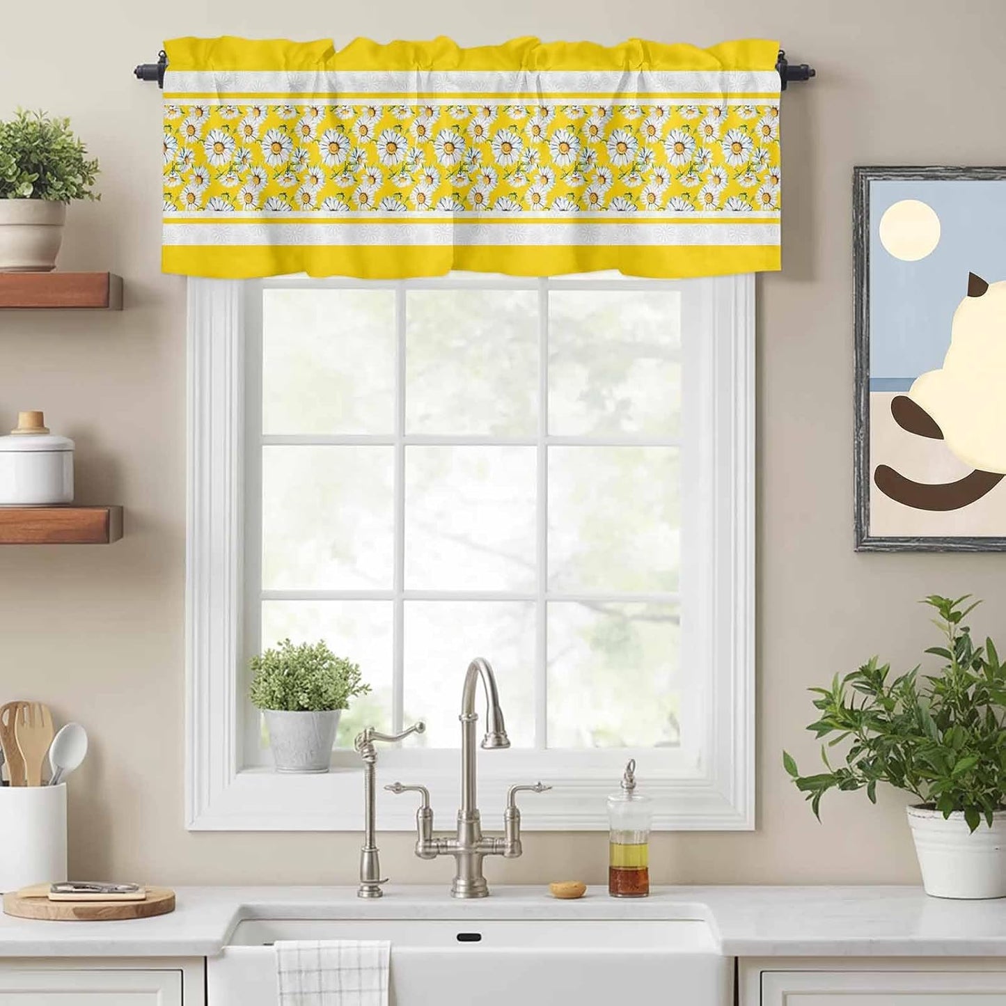 Yellow Daisy Valance Curtains Kitchen Curtain for Windows Valance Farmhouse Floral Yellow Striped Sheer Curtains Privacy Bedroom Curtain Topper for Living Room Home Decor 42x12in