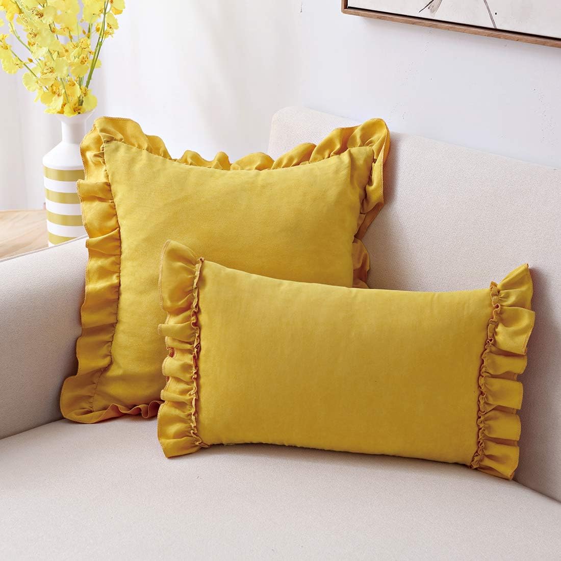 Farmhouse Ruffles Throw Pillow Cover Super Soft Suede Decorative Lumbar Cushion Case Pillowcase for Sofa Couch Bed Chair Car (Yellow, 12"x20")