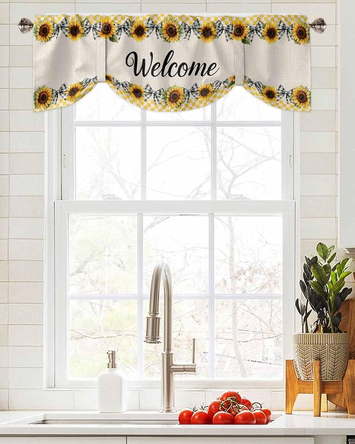 Sunflower Tie Up Valances for Windows, Welcome Bow Yellow Buffalo Plaid Rustic Linen Rod Pocket Tie-up Valance Curtains, Adjustable Short Window Treatment for Kitchen Living Room Bathroom 54”x18”