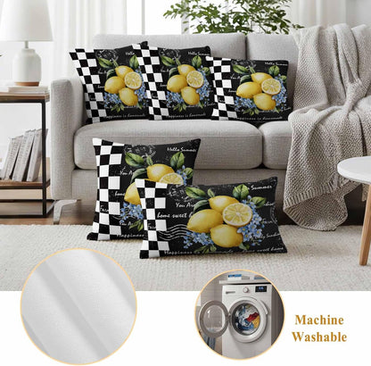 Outdoor Throw Pillow Covers Set of 2 Lemon Blue Flowers Waterproof Decorative Cushion Covers Black White Check Outdoor Pillowcases for Patio Couch Garden Balcony Sofa 16 x 16 Inches