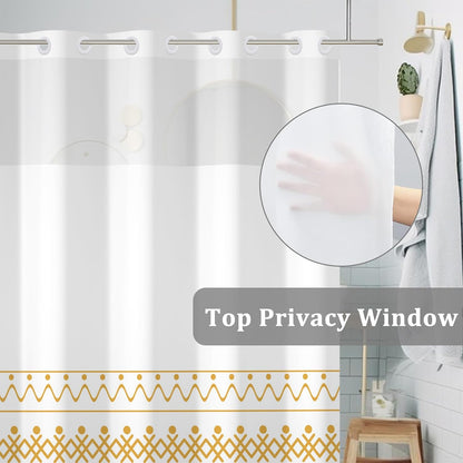 No Hook Yellow White Stripe Shower Curtain with Snap in Fabric Liner Set Abstract Minimalist Double Layer Bathtubs Hotel Curtain Set Waterproof Fabric with See Through Top Window 71x74 Inch